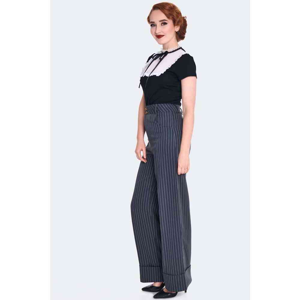 Voodoo Vixen - Grey Pinstripe Turn Up Wijde broek - Grijs